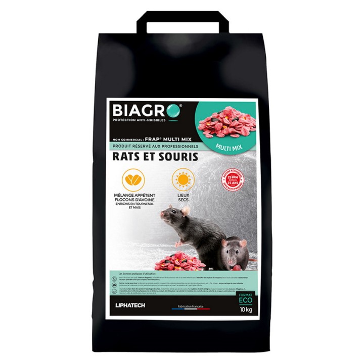Raticide Professionnel BIAGRO Céréales Multi Mix très appétent, sac de 10 kg