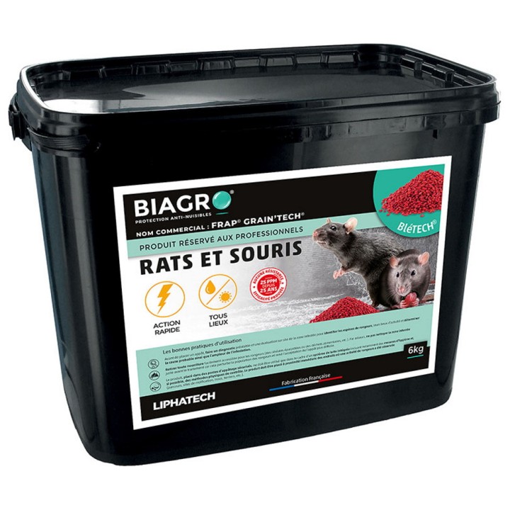 Raticide Professionnel BIAGRO Céréales BléTECH tous lieux, seau de 6 kg