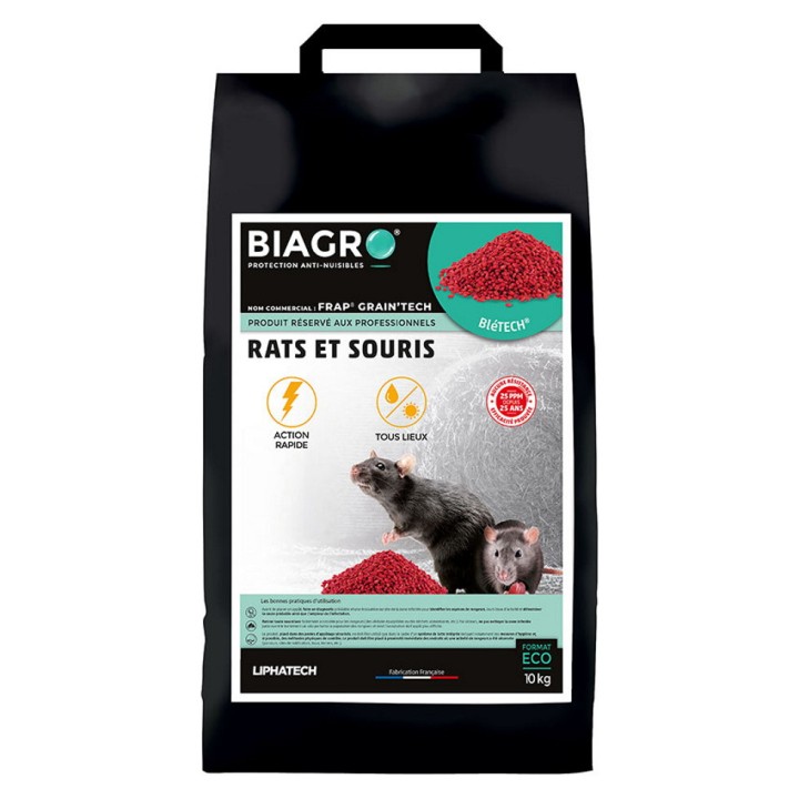 Raticide Professionnel BIAGRO Céréales BléTECH tous lieux, seau de 10 kg