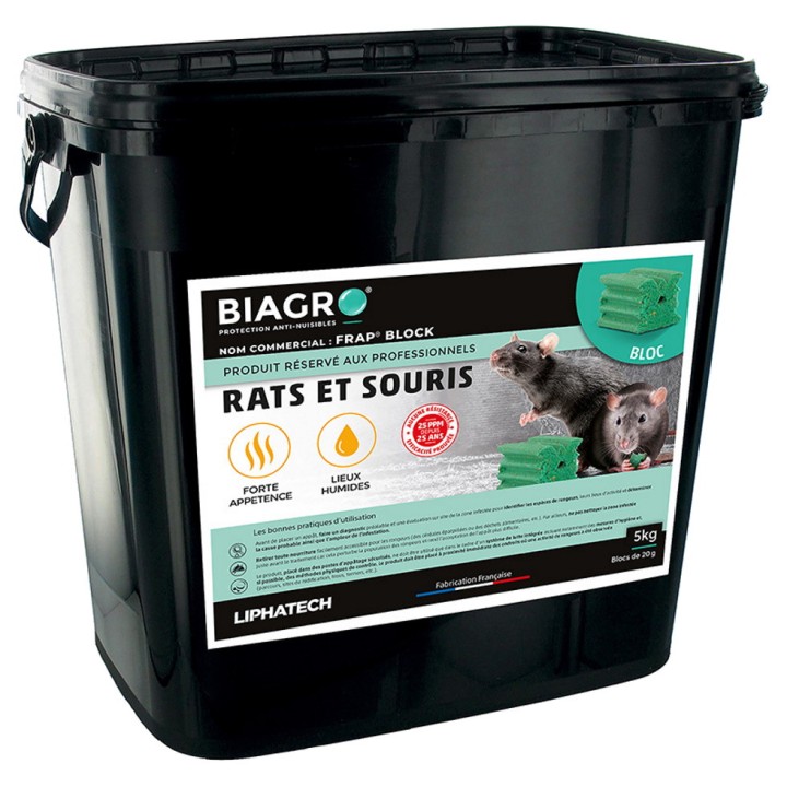 Raticide Professionnel BIAGRO Bloc très appétents lieux humides, seau 5 kg