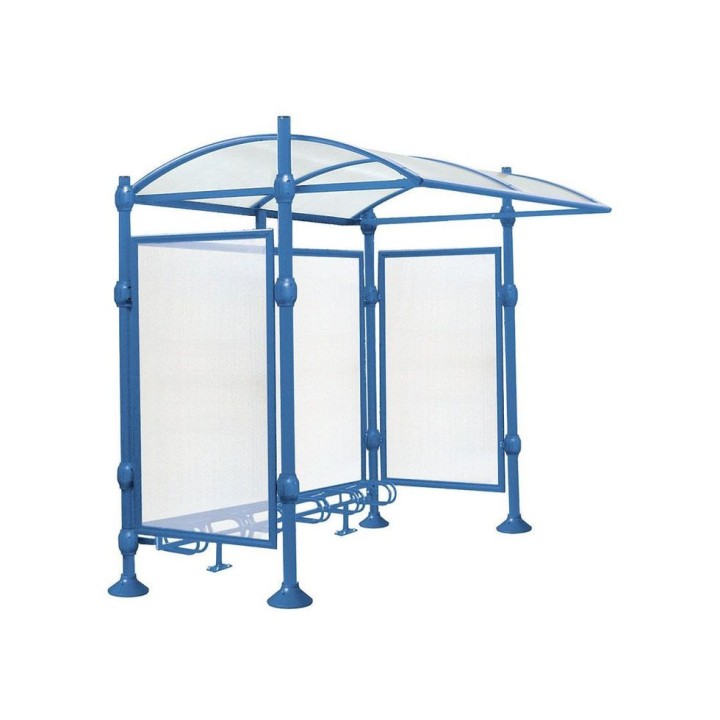 Abri vélos Province Inox brossé Procity, initial sans bardage, voute polycarbonate, support vélos 6 places - Bleu gentiane