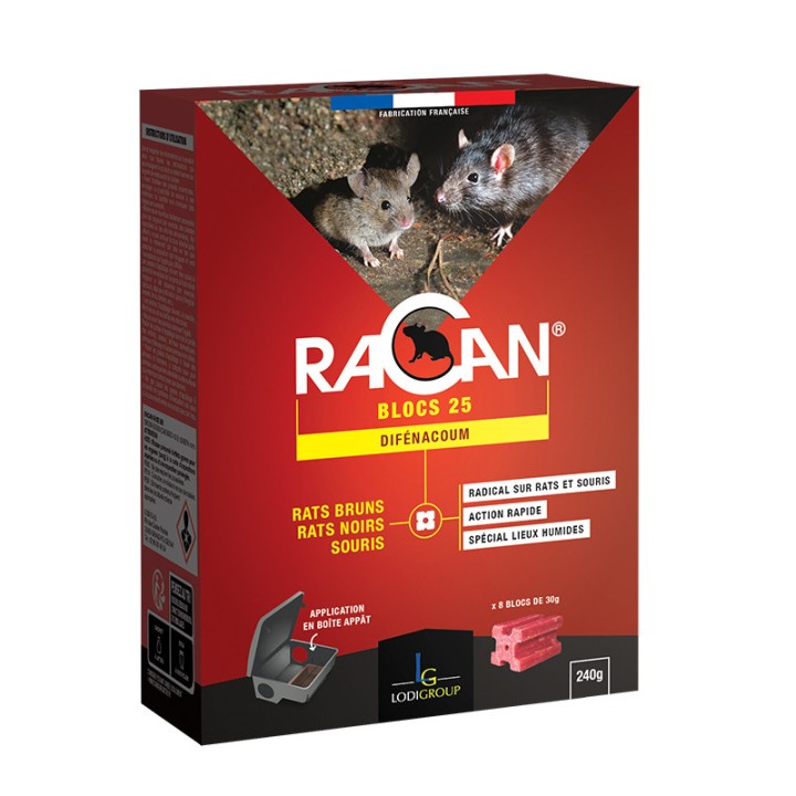 RACAN BLOCS 25 Rodenticide sous forme d'anticoagulant spécial lieux humides, étui de 240 g