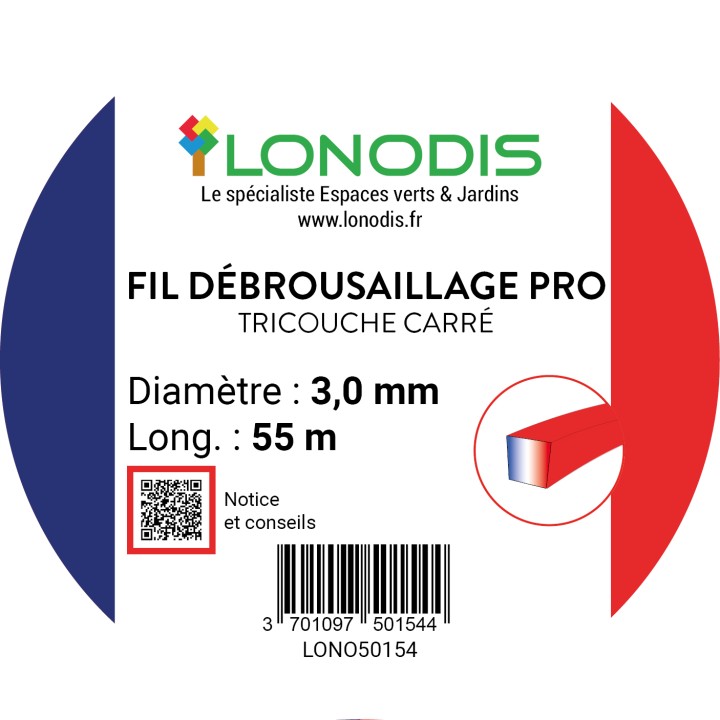 Fil de débroussaillage PRO TriCouche 3,00mm Bleu Blanc Rouge blister de 55m