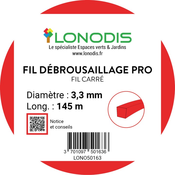 Fil de débroussaillage PRO Carré 3,3mm Rouge bobine de 145m