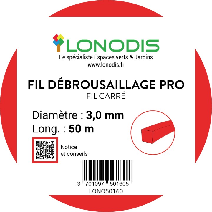 Fil de débroussaillage PRO Carré 3,0mm Rouge blister de 50m