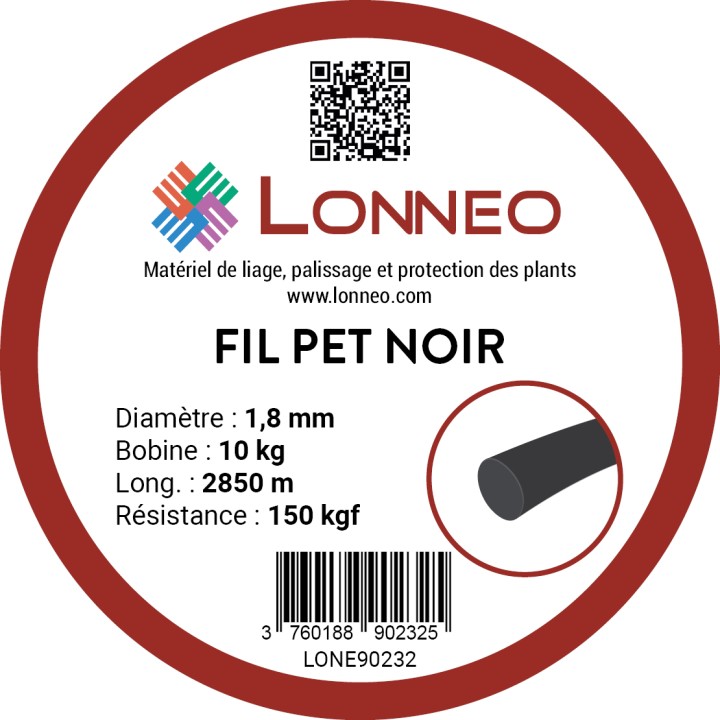 Fil PET LONNEO Noir diam. 1,8mm Bobine 10kg long. 2850m