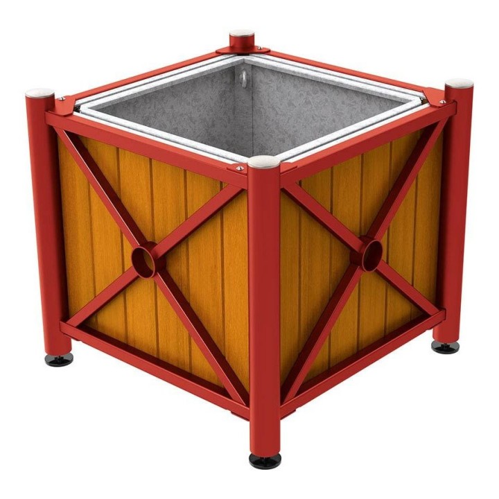Bac à palmier acier/bois Province Inox brossé Procity, lasuré chêne clair, 800x800x750 mm - Bac acier amovible - Rouge pourpre