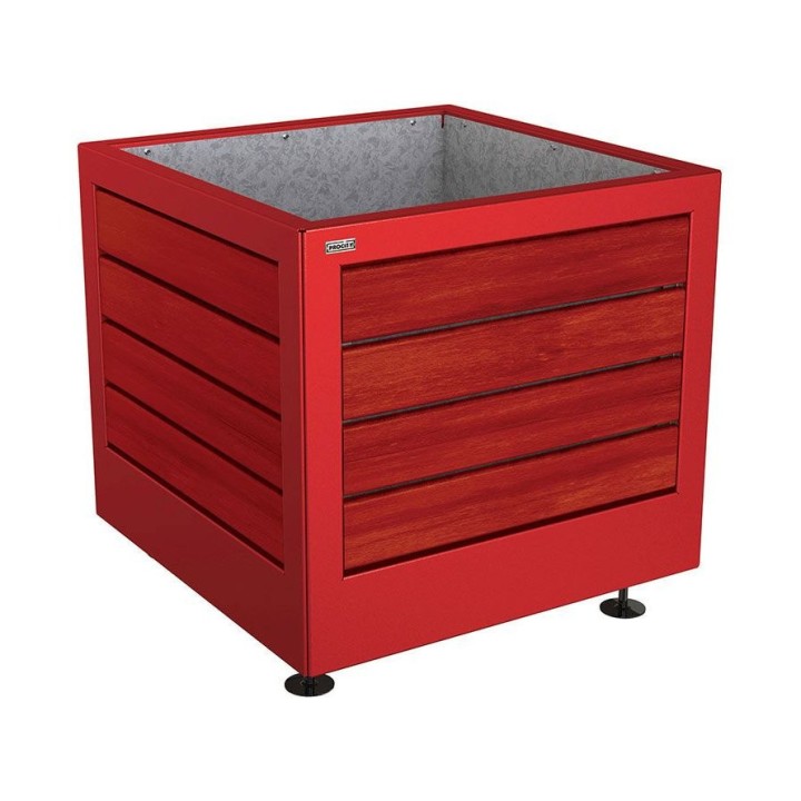 Bac à palmier Silaos acier/bois Procity, lasuré acajou, 800x800x700 mm - Intérieur tôle galva - Rouge pourpre