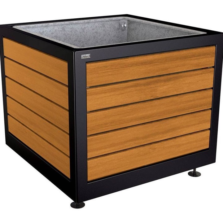 Bac à palmier Silaos acier/bois Procity, lasuré chêne clair, 1000x1000x800 mm - Bac acier amovible + anneaux - Noir foncé