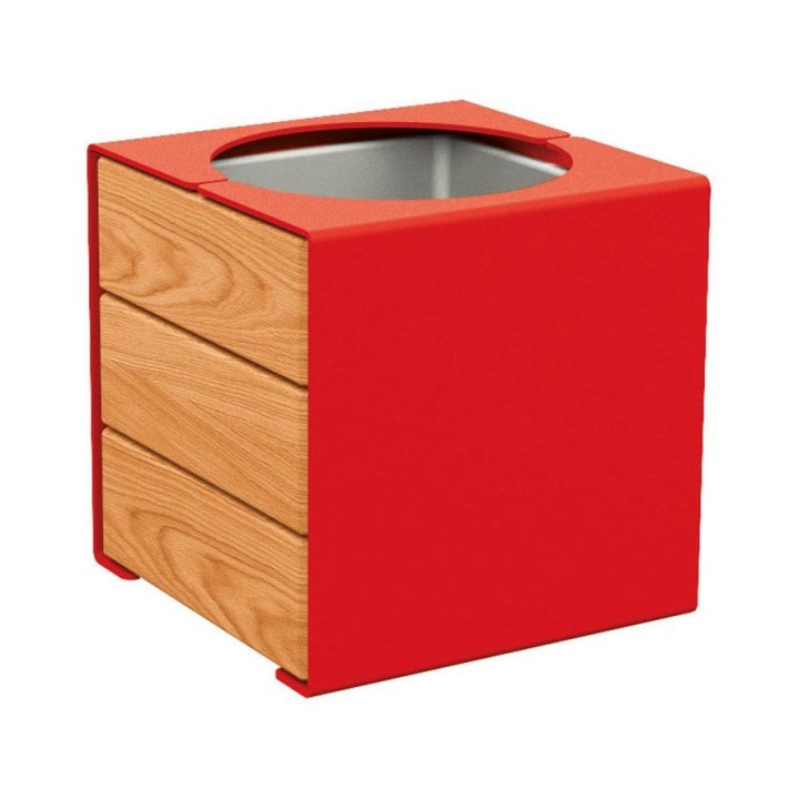 Bac à palmier KUB. acier/bois Procity, lasuré chêne clair, 450x450x450 mm - Bac acier amovible - Rouge signalisation
