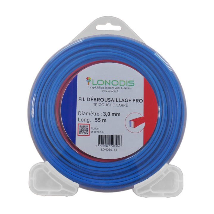 Fil de débroussaillage PRO TriCouche 3,0mm Bleu Blanc Rouge, blister de 55m