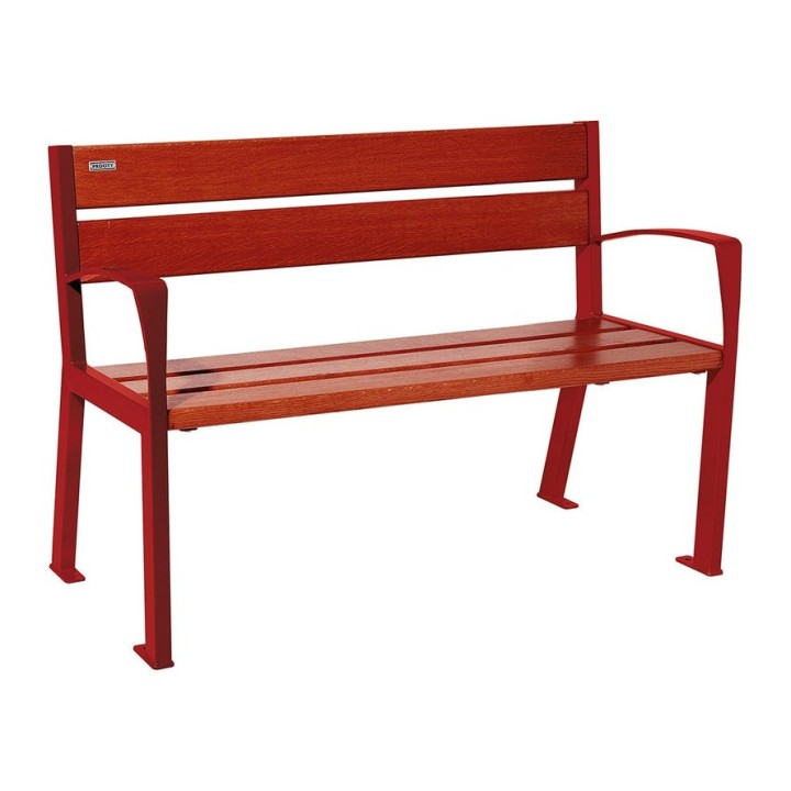 Banc bois/acier Silaos 5 lames Procity, avec accoudoir, lg. 1200 mm, fixation platines - Acajou/Rouge pourpre