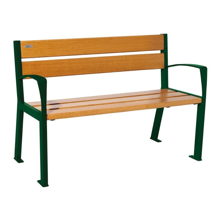 Banc bois/acier Silaos 5 lames Procity, avec accoudoir, lg. 1200 mm, fixation platines - Chêne clair/Vert mousse