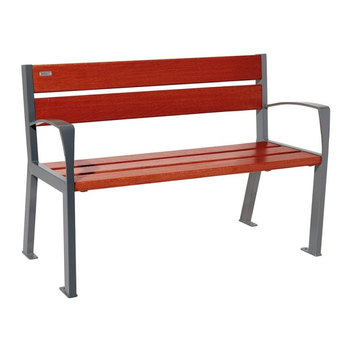 Banc bois/acier Silaos 5 lames Procity, avec accoudoir, lg. 1200 mm, fixation platines - Acajou/Gris Procity