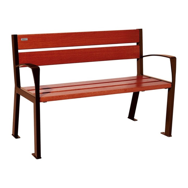 Banc bois/acier Silaos 5 lames Procity, avec accoudoir, lg. 1200 mm, fixation platines - Acajou/Aspect Corten