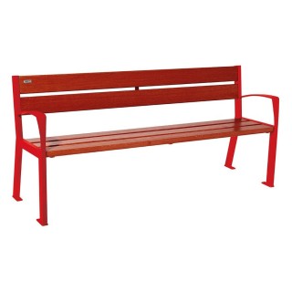 Banc bois/acier Silaos 5 lames Procity, avec accoudoir, lg. 1800 mm, fixation platines - Acajou/Rouge signalisation
