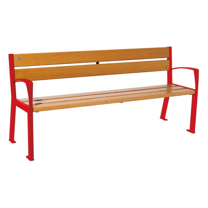 Banc bois/acier Silaos 5 lames Procity, avec accoudoir, lg. 1800 mm, fixation platines - Chêne clair/Rouge signalisation