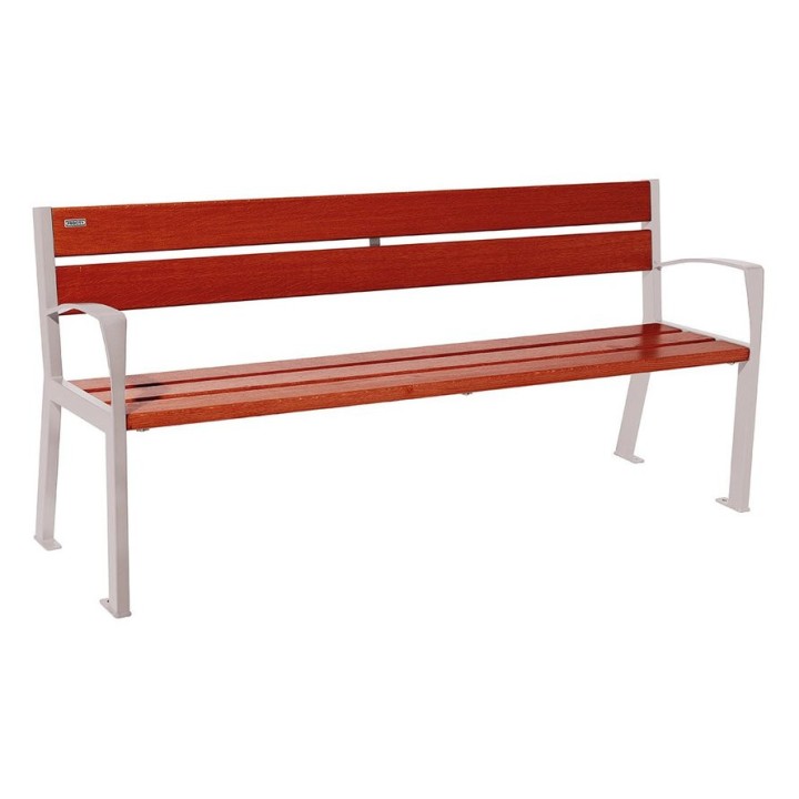 Banc bois/acier Silaos 5 lames Procity, avec accoudoir, lg. 1800 mm, fixation platines - Acajou/Gris soie