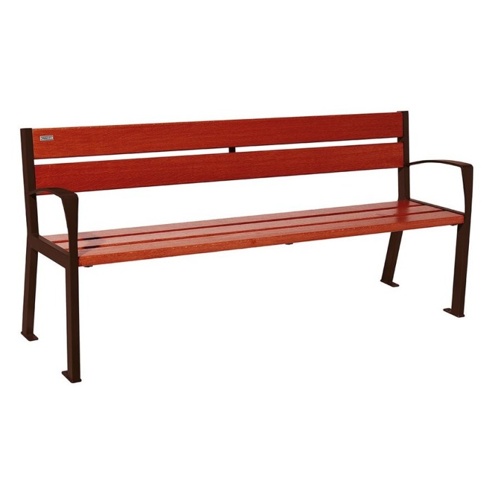 Banc bois/acier Silaos 5 lames Procity, avec accoudoir, lg. 1800 mm, fixation platines - Acajou/Brun chocolat
