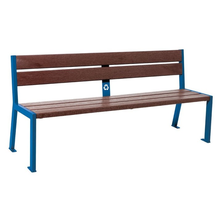 Banc plastique recyclé et acier Silaos 5 lames Procity, sans accoudoir, lg. 1800 mm, fixation/platines - Bleu gentiane
