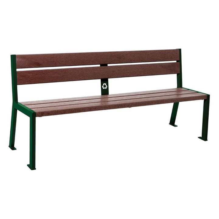 Banc plastique recyclé et acier Silaos 5 lames Procity, sans accoudoir, lg. 1800 mm, fixation/platines - Vert mousse