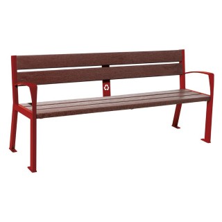 Banc plastique recyclé et acier Silaos 5 lames Procity, avec accoudoir, lg. 1800 mm, fixation/platines - Rouge pourpre