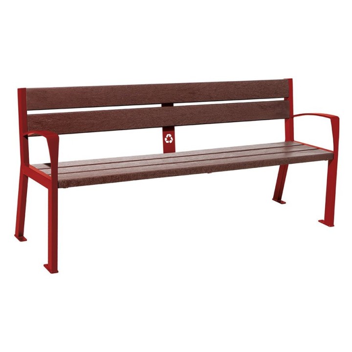 Banc plastique recyclé et acier Silaos 5 lames Procity, avec accoudoir, lg. 1800 mm, fixation/platines - Rouge pourpre
