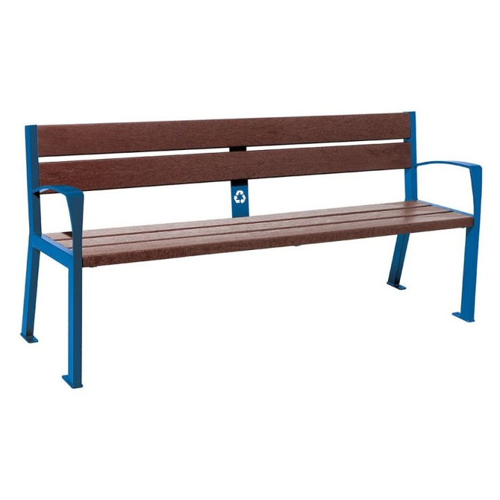 Banc plastique recyclé et acier Silaos 5 lames Procity, avec accoudoir, lg. 1800 mm, fixation/platines - Bleu gentiane