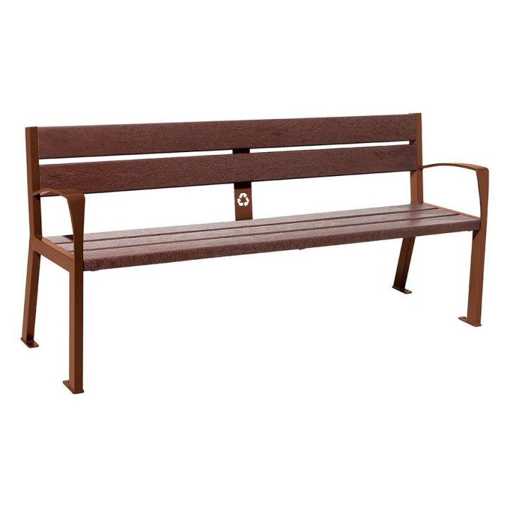 Banc plastique recyclé et acier Silaos 5 lames Procity, avec accoudoir, lg. 1800 mm, fixation/platines - Aspect Corten