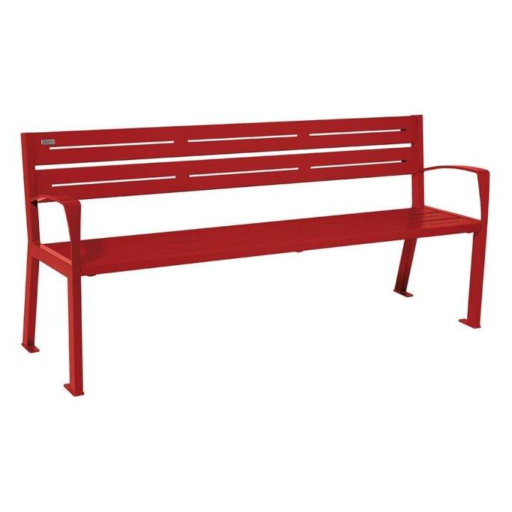 Banc acier Silaos 5 lames Procity, avec accoudoirs, lg. 1800 mm, fixation platines - Rouge pourpre