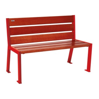 Banc bois/acier Silaos 6 lames Procity, sans accoudoir, lg. 1200 mm, fixation platines - Acajou/Rouge signalisation