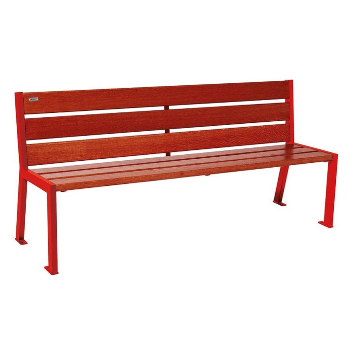 Banc bois/acier Silaos 6 lames Procity, sans accoudoir, lg. 1800 mm, fixation platines - Acajou/Rouge signalisation