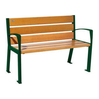 Banc bois/acier Silaos 6 lames Procity, avec accoudoirs, lg. 1200 mm, fixation platines - Chêne clair/Vert mousse