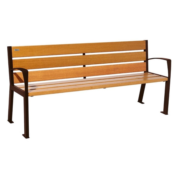 Banc bois/acier Silaos 6 lames Procity, avec accoudoirs, lg. 1800 mm, fixation platines - Chêne clair/Brun chocolat
