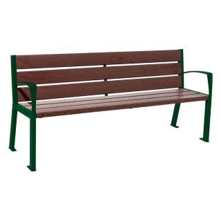 Banc plastique recyclé et acier Silaos 6 lames Procity, avec accoudoirs, lg. 1800 mm, fixation platines - Vert mousse