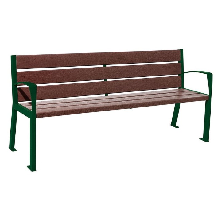 Banc plastique recyclé et acier Silaos 6 lames Procity, avec accoudoirs, lg. 1800 mm, fixation platines - Vert mousse
