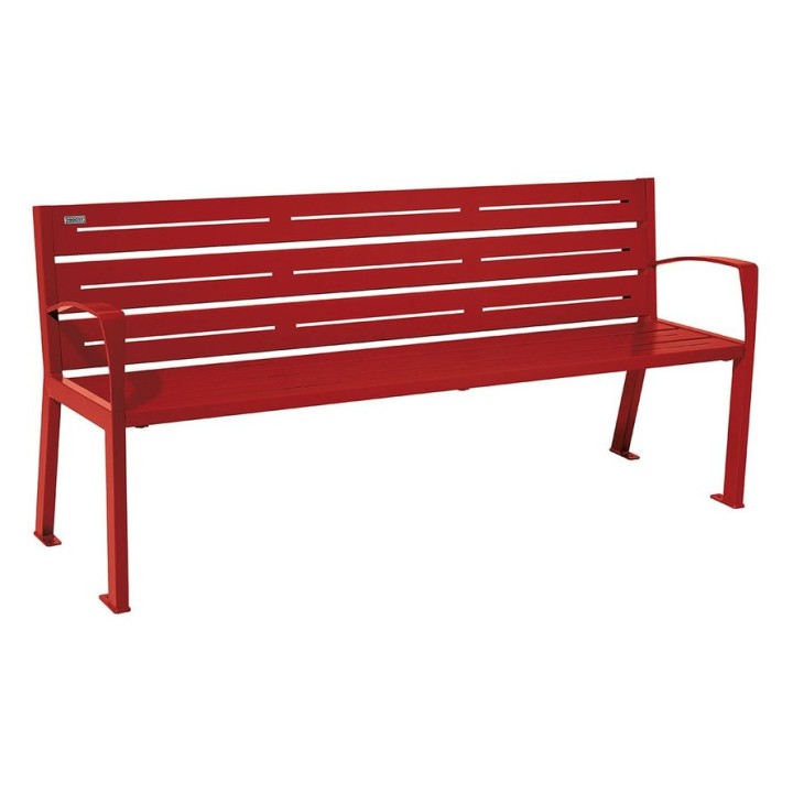 Banc acier Silaos 6 lames Procity, avec accoudoirs, lg. 1800 mm, fixation platines - Rouge poupre