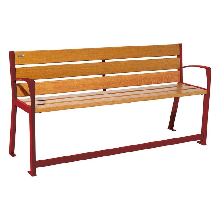 Banc bois/acier Silaos spécial sénior Procity, 2 accoudoirs, lg. 1800 mm, fixation platines - Chêne clair/Rouge poupre