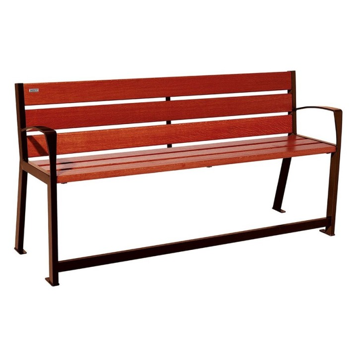 Banc bois/acier Silaos spécial sénior Procity, 2 accoudoirs, lg. 1800 mm, fixation platines - Acajou/Aspect Corten
