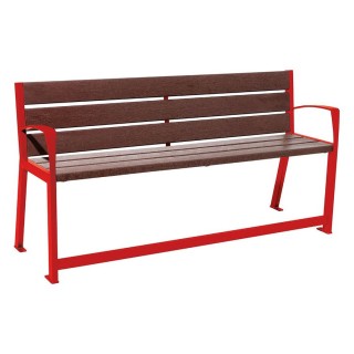 Banc plastique recyclé et acier Silaos spécial sénior Procity, 2 accoudoirs, lg. 1800 mm, fix. platines - Rouge signalisation