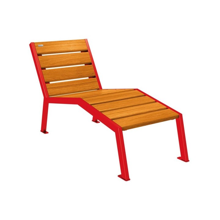 Chaise longue bois/acier Silaos Procity, 1 place, sans accoudoir, lg. 600 mm, fix. platines - Chêne clair/Rouge signalisation