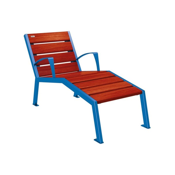 Chaise longue bois/acier Silaos Procity, 1 place, avec accoudoirs, lg. 600 mm, fixation platines - Acajou/Bleu gentiane