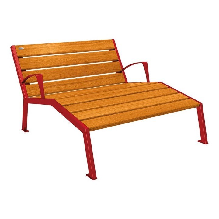 Chaise longue bois/acier Silaos Procity, 2 places, avec accoudoirs, lg. 1200 mm, fixation platines - Chêne clair/Rouge pourpre