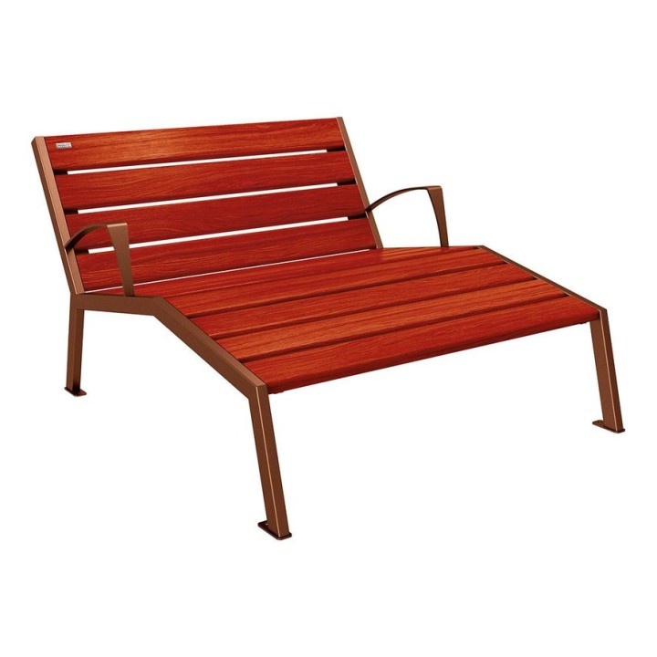 Chaise longue bois/acier Silaos Procity, 2 places, avec accoudoirs, lg. 1200 mm, fixation platines - Acajou/Aspect Corten