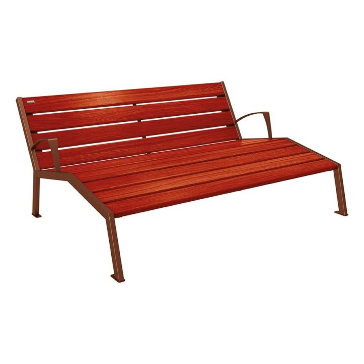Chaise longue bois/acier Silaos Procity, 3 places, avec accoudoirs, lg. 1800 mm, fixation platines - Acajou/Aspect Corten