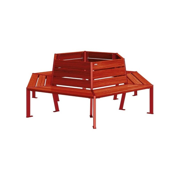 Banc tour d'arbre Silaos Procity, Ø int. 1000 mm, dim. ext. 2212 x 1929 mm, fixation platines - Acajou/Rouge pourpre