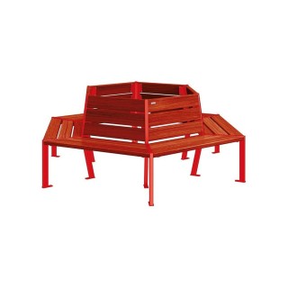 Banc tour d'arbre Silaos Procity, Ø int. 1000 mm, dim. ext. 2212 x 1929 mm, fixation platines - Acajou/Rouge signalisation