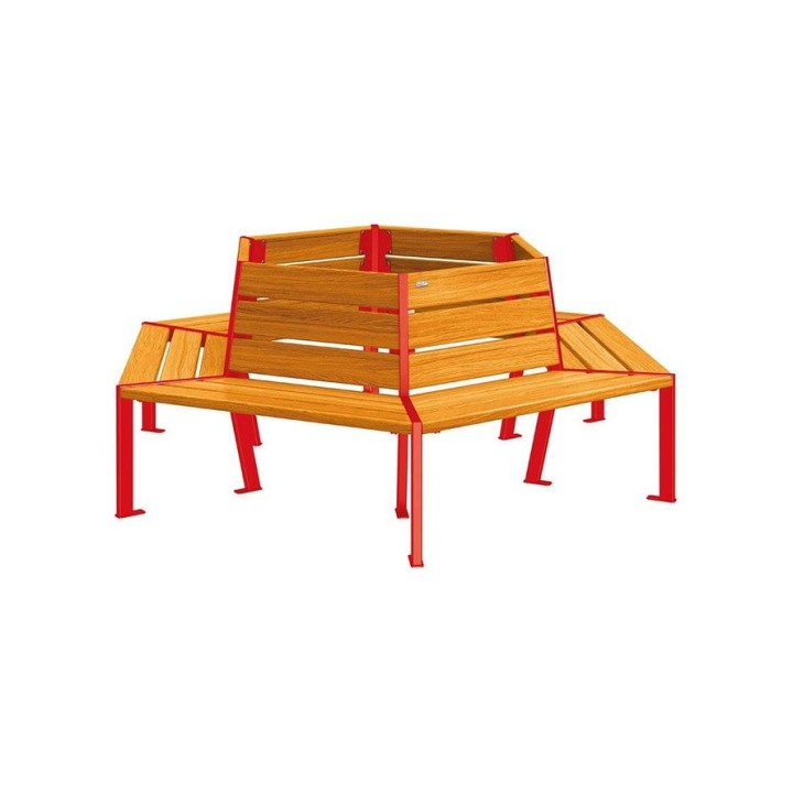Banc tour d'arbre Silaos Procity, Ø int. 1000 mm, dim. ext. 2212 x 1929 mm, fixation platines - Chêne clair/Rouge signalisation