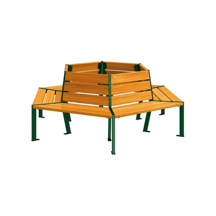 Banc tour d'arbre Silaos Procity, Ø int. 1000 mm, dim. ext. 2212 x 1929 mm, fixation platines - Chêne clair/Vert mousse