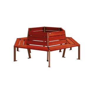 Banc tour d'arbre Silaos Procity, Ø int. 1000 mm, dim. ext. 2212 x 1929 mm, fixation platines - Acajou/Aspect Corten